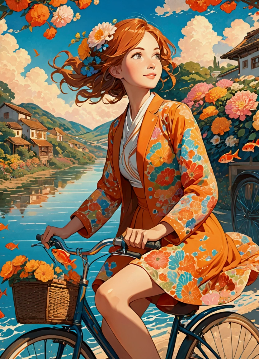 (masterpiece:1.4), (best quality:1.4), Extremely detailed, complex, Ultra Detailed, (Perfect face), illustration,Soft lighting, landscape, 1 girl riding a bicycle, Happy, Bright russet hair, rich and colorful, flower, from_below ,Fish pattern_Costumes