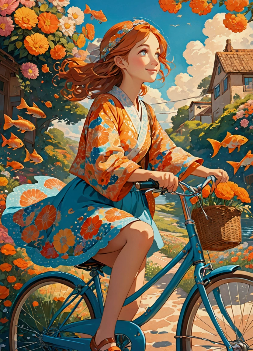 (masterpiece:1.4), (best quality:1.4), Extremely detailed, complex, Ultra Detailed, (Perfect face), illustration,Soft lighting, landscape, 1 girl riding a bicycle, Happy, Bright russet hair, rich and colorful, flower, from_below ,Fish pattern_Costumes