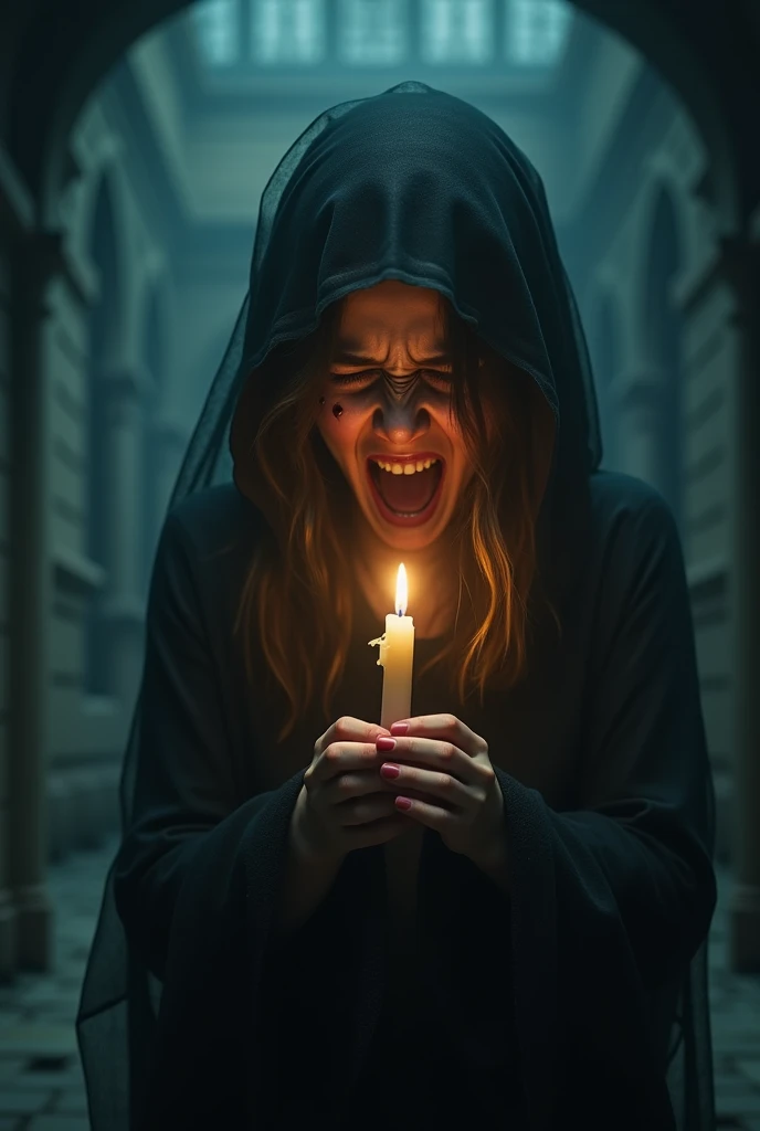 girl's ghost screaming in pain, mouth wide open, black color, holding candle, face and hands, front view, terrifying, face cut