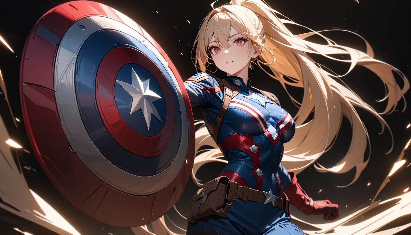 Young Woman, Long golden hair, High Ponytail, Red eyes, captain America, masterpiece, Highest quality, Full HD, 8k, Super detailed, Great graphics、Beautiful breasts、、(Black background;1.5)、Cowboy Shot
