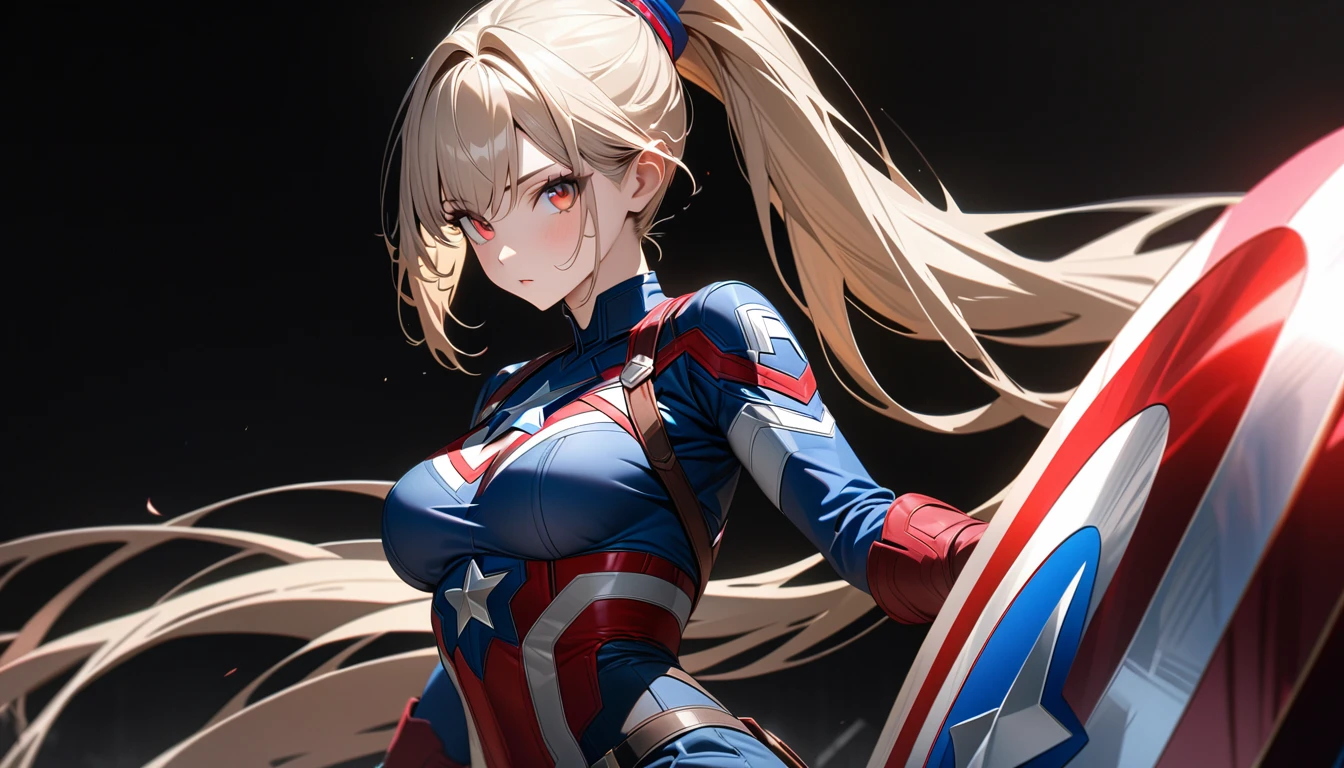 Young Woman, Long golden hair, High Ponytail, Red eyes, captain America, masterpiece, Highest quality, Full HD, 8k, Super detailed, Great graphics、Beautiful breasts、、(Black background;1.5)、Cowboy Shot