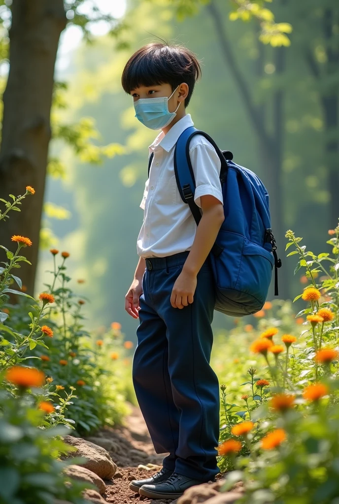 A student in the wild trying to preserve the mineral resources, doing all he can do to preserve it. He is wearing a school uniform, dark blue pants. He is wearing a blue backpack, he looks asian, with pale skin, black hair and a bangs. And he's a surgical mask. Although he might look dusty with his handiwork