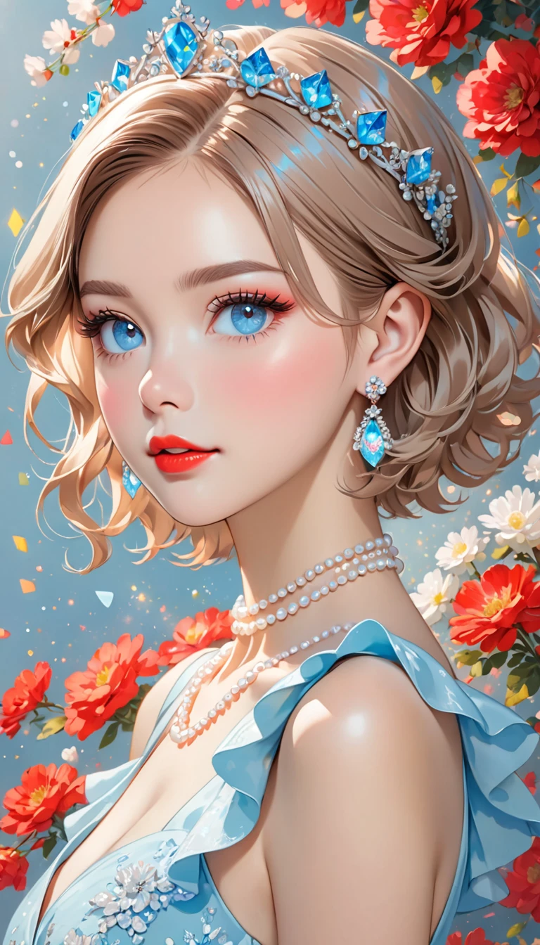 Short hair, (((no blunt))), a crown of silver, light brown hair, light brown eyebrows, no tight bangs, light blue eyes, redish-brown eyeshadow, eyeliner, light skin, a little blush, red lips, white earrings, a pearl necklace, light blue dress, upper body, 1 girl , more prism, vibrant color, 