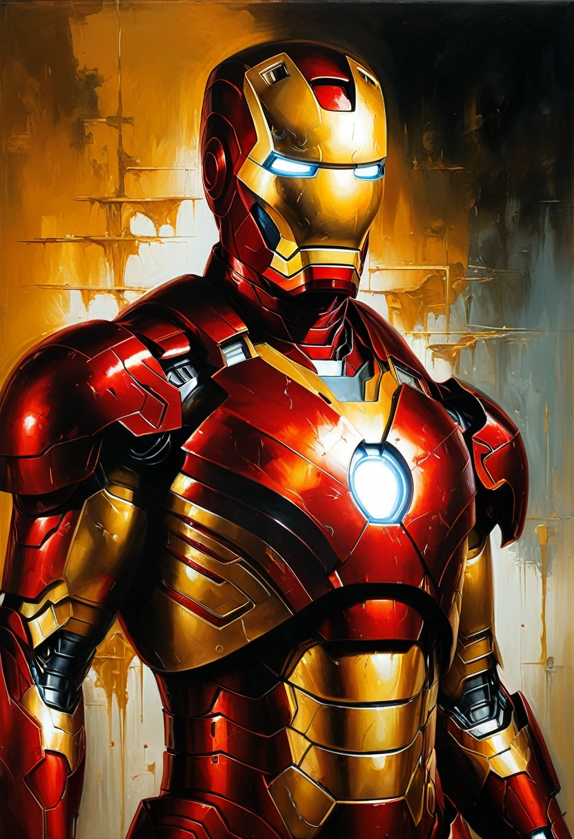 Iron Man, top hard light, gloomy illumination, dark environment, red over gold, highly detailed, masterful painting in the style of Aleksi Briclot, oil on canvas