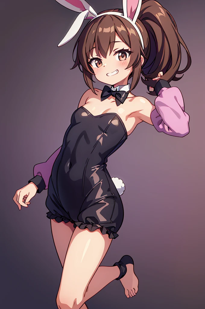 emale , ponytail, face, brown hair, brown eyes, collarbone,small breasts,brown eyes, no background,solo, grin, (sole of foot, toe), (extra leg:-1),no underwear,reverse bunnysuit, reverse outfit, shiny rabbit ears headband, Detached collar, bowtie, pink pasties, no clothes, tight sleeves, (black) puffy long sleeves: 1.2),dynamic angle, masterpiece, best quality, high quality, detailed, high resolution , perfect hands,