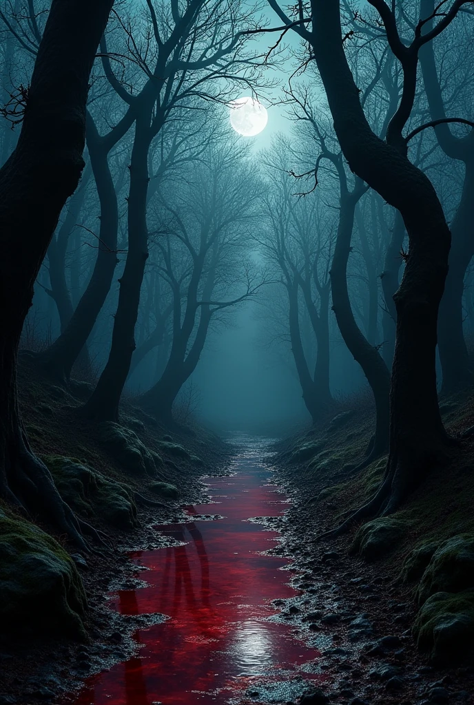 Dark dump wet forest at night with blood pool thrilling and that matches with "blackwoods and blackthornes"