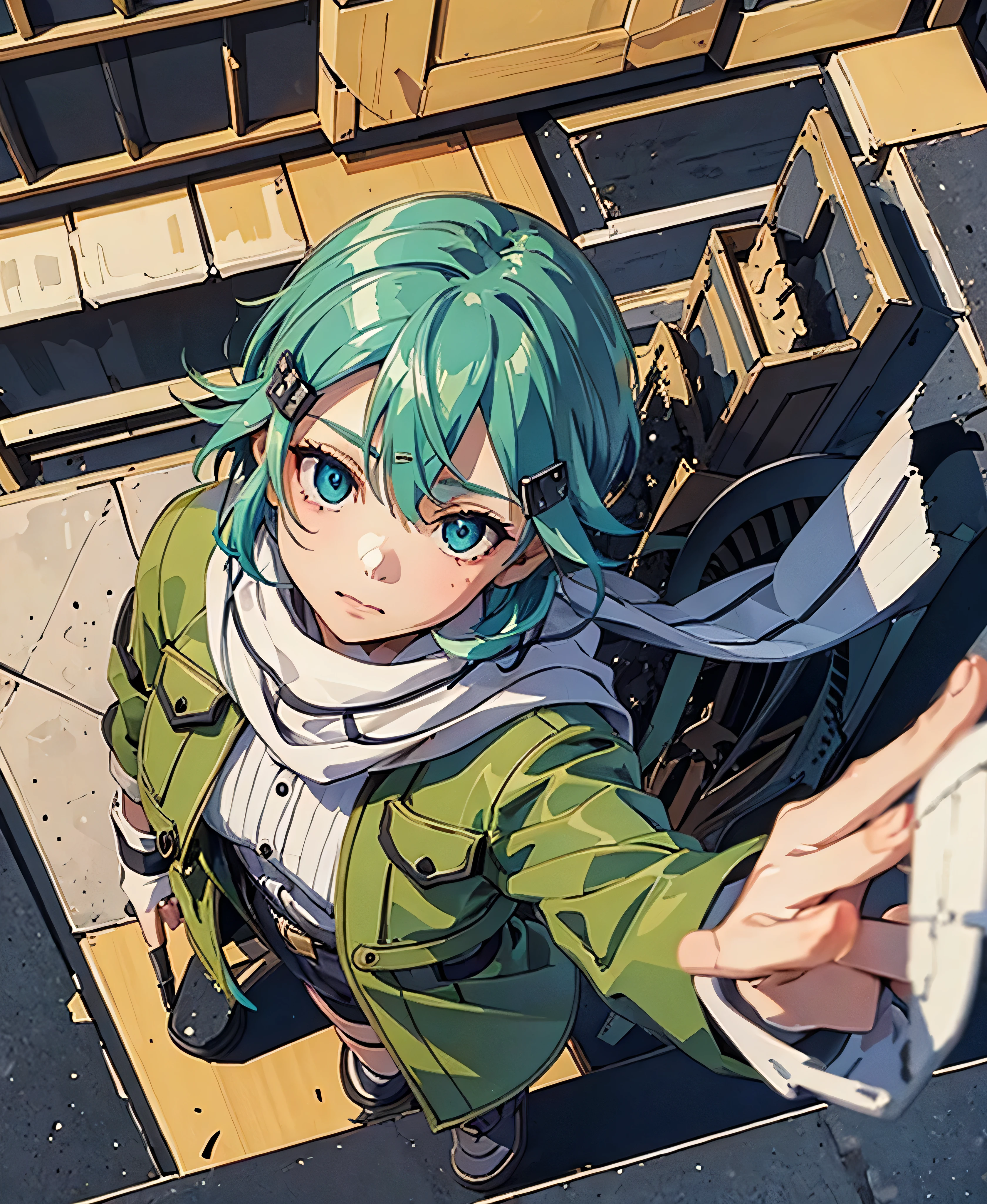 (masterpiece), Highest quality, Expressive eyes, Perfect Face, High resolution, Chinon 1, A long white scarf with a black line down the middle, Fingerless gloves, Long sleeve, Short shorts, hair ornaments, Hair Clip, Green knee socks,Short green jacket, Thigh straps, Field, ,Hard boots ruins background, Destroyed building, Are standing, Portraiture, Looking at the audience, (From above:2)