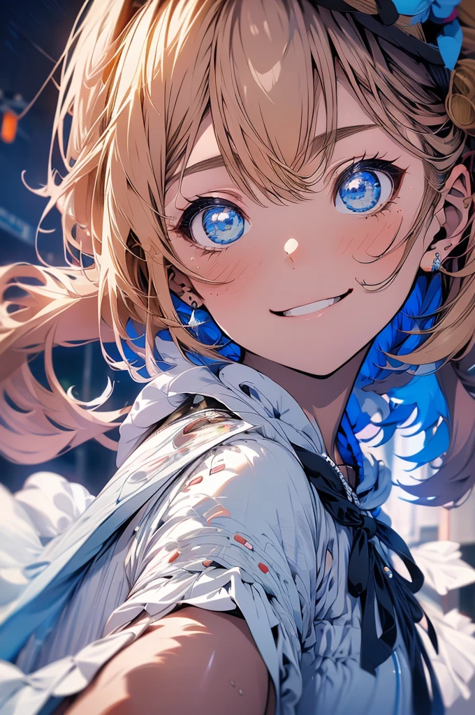 masterpiece, best quality, ultra detailed, insanely detailed, hyper detailed, woman, smiling, walking, looking at viewer, brown eyes, jitome, detailed face, light brown skin, tall, slender, sweater, shorts, ager, japanese, outside, on the street, with shooting stars, in the evening, with rain, cel anime, sharpen, blue, ahoge, semi long, blue eyes, green background, medium shot, intense wide shot, glad, with fox ears, mole, blonde