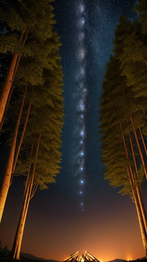 landscape, summer, night, forest, bonfire in one place, unmanned, nobody, Starry Sky, HD details, Super detailed, Movie, Surrealism, Soft Light, Deep Focus Bokeh, Ray tracing, Surrealism. , Art Station pixiv Gwise, Xin Haicheng, Art sprouts