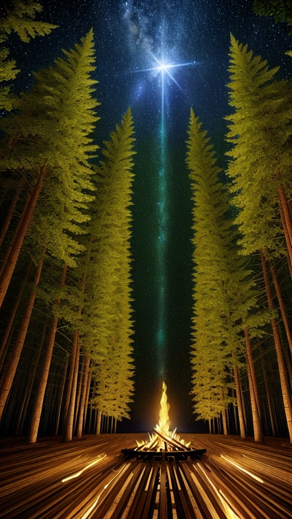 landscape, summer, night, forest, bonfire in one place, unmanned, nobody, Starry Sky, HD details, Super detailed, Movie, Surrealism, Soft Light, Deep Focus Bokeh, Ray tracing, Surrealism. , Art Station pixiv Gwise, Xin Haicheng, Art sprouts