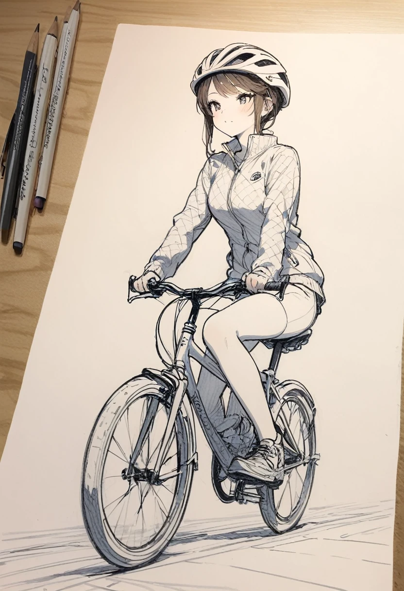 1 ,Line drawing,monochrome,(sketch:1.5、pattern、pencil drawing:1.5、board:1.5),board,traditional media,Riding a Bicycle
