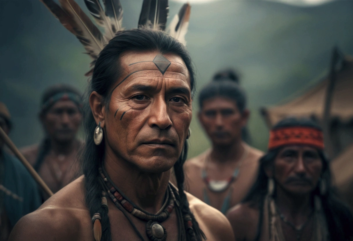 Man masterpiece, best quality, ultra-detailed, best shadow),(western style:0.5), (realistic:1.2), analog style, (fibonacci), (detailed background, native american, tupi, tents, tribe, Amazon, looking at,whole body