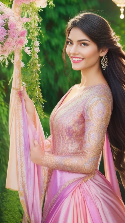 (a beautiful woman in a stunning gown of flowing silk with a radiant smile and captivating eyes),vibrant colors,highres,ultra-detailed,sharp focus,soft lighting,realistic,fantasy-inspired,portraits,subtle color palette,ethereal glow,fairytale,graceful,pastel shades,enchanted garden,lovely flowers,twinkling lights,whimsical ambiance