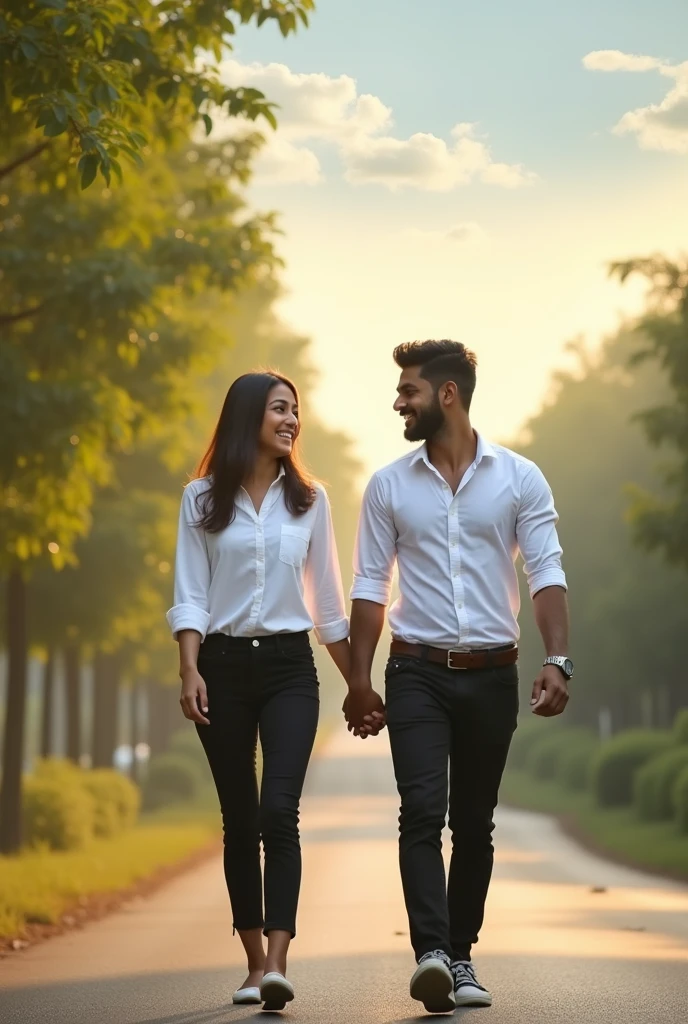 A girl with a boy. Together walking on a road with morning background.they are wearing a white shirt and black paint.write a name on her shirt payal.and write his shirt Nitesh. looking they are a couple