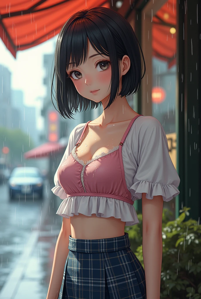 (8k, Photorealistic, Raw photo, Highest quality: 1.4),Japanese idol-style beautiful girl,1 person,(Short Bob),(Black),She has her hair tucked behind her ears,Raindrops dripping from hair,Clear grey eyes,Eyes moist,Long eyelashes,(piercings(small)),(Lip gloss),lips(Plump,glossy),Skin that is as white and smooth as translucent porcelain,Thin and delicate shoulders,thin abdomen,(blouse(White,Short sleeve)),(bra(Pink)),(Pleated skirt(Plaid)),(socks(Dark blue)),(loafers),summer,On the way home from school,Sudden rain,(Soaked from head to toe),(Shirt wet and clinging to skin, translucent),(She looks out at the rainy street),(Taking shelter under the awning of a cafe),(A cafe window as a backdrop),(Front view from across the street from her),(Medium-range shooting),(Full body snapshot)