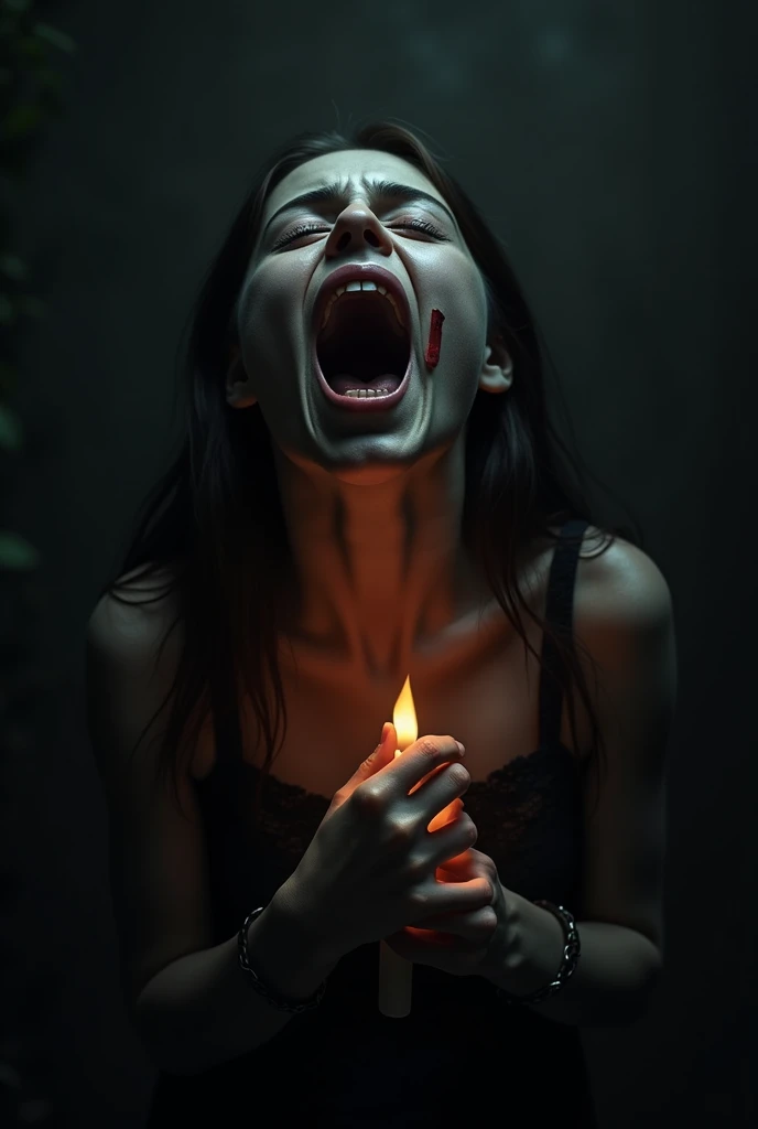 girl's soul screaming in pain, mouth wide open, black color, holding candle, face and hands, front view, terrifying, face cut