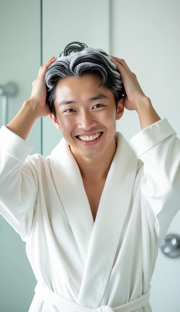 Create a handsome Asian man，Beautiful big eyes，Wearing a white satin bathrobe，Scratching the scalp with both hands，Two hands washing hair on top of head，头上有很多Realistic foam，Foam wrap head，Realistic foam，The expression is happy，front，The characters are realistic and realistic，Pure white bathroom background，Character front position，9:16 frames，Ultra-high-definition picture quality