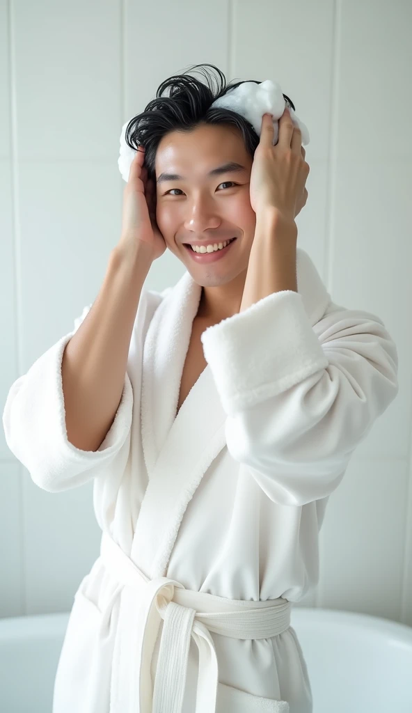 Create a handsome Asian man,Beautiful big eyes,Wearing a white satin bathrobe,Scratching the scalp with both hands,Two hands washing hair on top of head,头上有很多Realistic foam,Foam wrap head,Realistic foam,The expression is happy,front,The characters are realistic and realistic,Pure white bathroom background,Character front position,9:16 frames,Ultra-high-definition picture quality