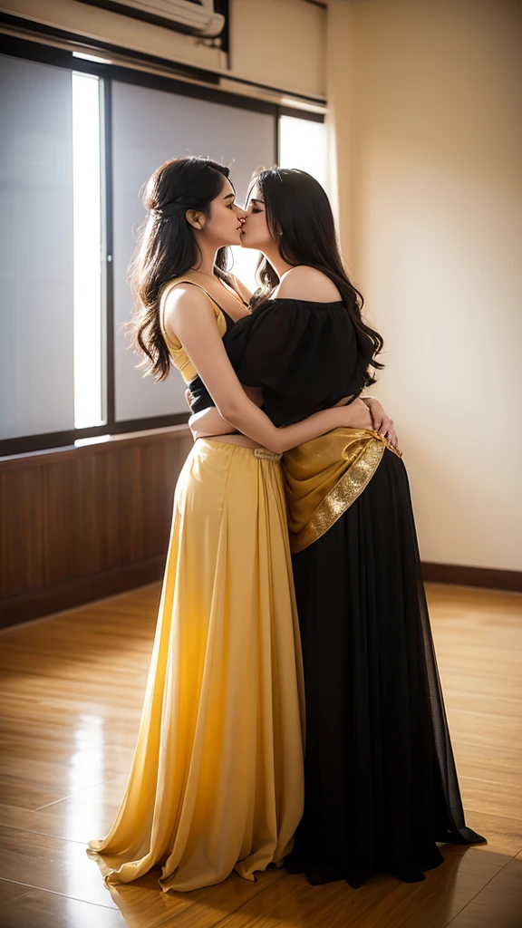 A 25 year old man hugging and kissing A 25 year old beautiful South Indian plus sized golden colour chiffon under skirt and black colour chiffon  blouse wearing women in class room, full body image, photo taken from distance 