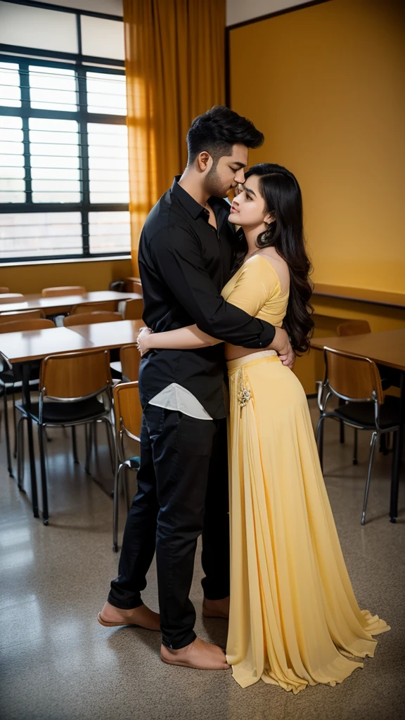 A 25 year old man hugging and kissing A 25 year old beautiful South Indian plus sized golden colour chiffon under skirt and black colour chiffon blouse wearing women in class room, full body image, photo taken from distance