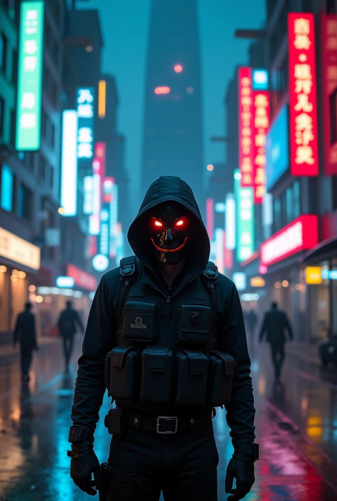 "In a dark, neon-lit street of a futuristic high-tech metropolis, a man stands with an imposing presence. His face is concealed by a menacing black Joker mask, its design intricate with sharp, angular features and glowing red eyes that pierce through the darkness. He wears a black hoodie with the hood pulled up, casting deep shadows over his masked face. His entire outfit is a blend of black tactical gear and sleek, futuristic armor, reflecting the lights from the towering skyscrapers around him. The cityscape is filled with holographic billboards, flying drones, and vehicles zipping through the air. The road beneath him is wet from recent rain, reflecting the vibrant colors of the neon signs and the pulsating glow of the city's advanced technology. Behind him, shadowy figures can be seen in the distance, hinting at a tense, dystopian atmosphere. The scene is a blend of cyberpunk aesthetics and dark mystery, with a sense of danger looming in the air."