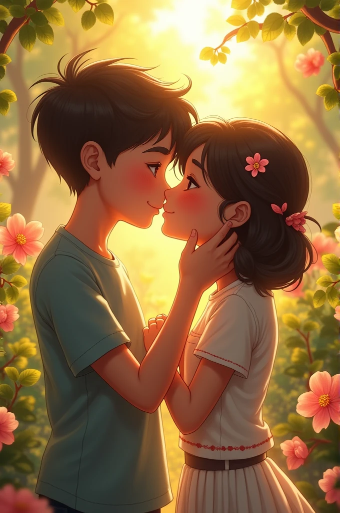 score_9, 1 boy, 1 girl, kissing, girl mature, in a garden, holding eachother 