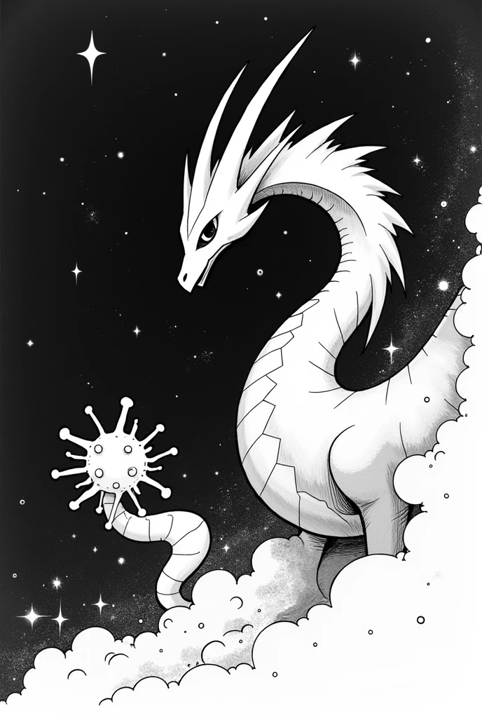 Rayquaza style dragon painted in minimalist black and white ink with a space background battling Deoxys(It's a space virus)