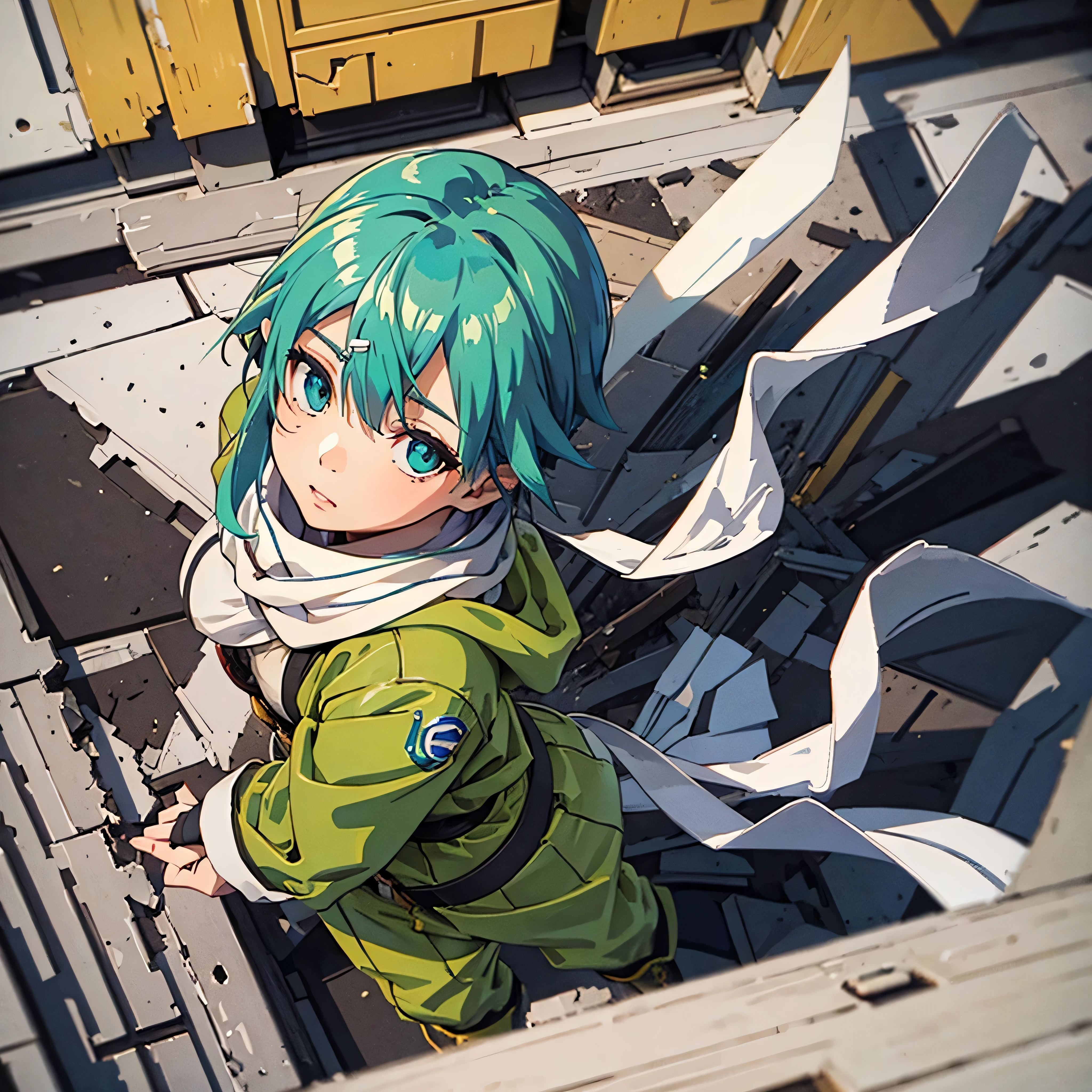 (masterpiece), Highest quality, Expressive eyes, Perfect Face, High resolution, Chinon 1, A long white scarf with a black line down the middle, Fingerless gloves, Long sleeve, Short shorts, hair ornaments, Hair Clip, Green knee socks,Short green jacket, Thigh straps, Field, ,Hard boots ruins background, Destroyed building, Are standing, Portraiture, Looking at the audience, (From above:2)