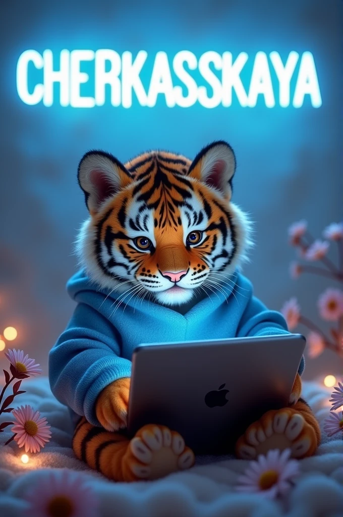 A fluffy tiger in a blue sweater against a background of delicate flowers with a blue tint and neon letters comments CHERKASSKAYA very gentle photo realism Tiger holding an iPad