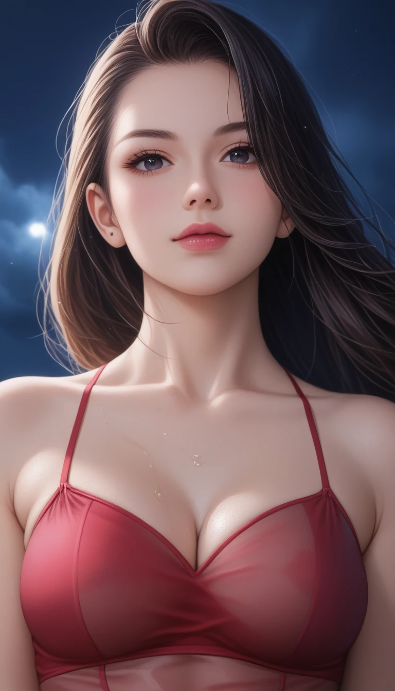 score_9, score_8_superior, score_7_superior, High-resolution CG illustration,A masterpiece in 32K resolution,Highest quality,it is really amazing,Very detailed,Ultra-high resolution,Ultra-realistic,Realistic,Increased depth of field,Cinematic lighting,
Sexy mature Japan woman,
Glossy black hair,Straight Long Hair,Showing his forehead,god々Beautiful,Ultra-detailed and beautiful face,Sensual look,Beautiful dark brown, moist eyes,Pitch black eyes,Glowing, moisturized skin,Translucent white skin,born々New skin texture,Wet body,Great proportions,
Elegant red swimsuit,
Simple design,Chic color scheme based on red,詳細なborn地の質感,
A dark and blurry night background,Dark overcast sky on a dull night,Dark clouds filling the sky,Thundercloud,Coastline at night,Stormy seas,delay々A desolate sandy beach that continues,
Cinematic,Low - Angle,