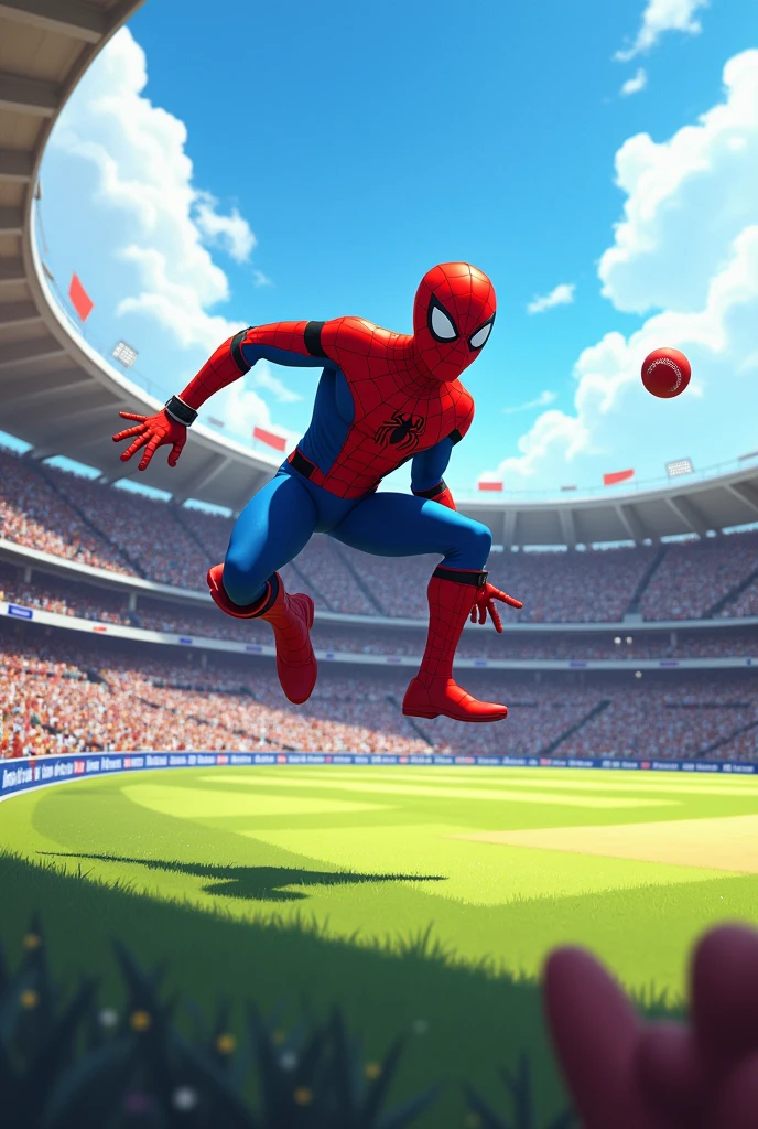 Spider man in cricket stadium hit a short