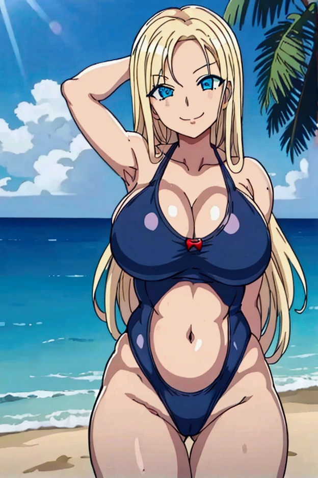 1girl, breasts, swimsuit, blonde_hair, solo, long_hair, blue_eyes, outdoors, navel, one-piece_swimsuit, cleavage, smile, looking_at_viewer, beach, day, sky, large_breasts, armpits, huge_breasts, thighs, black_one-piece_swimsuit, blue_sky, arm_up, collarbone, ocean, arm_behind_head, o-ring, rock, slingshot_swimsuit, closed_mouth, tree