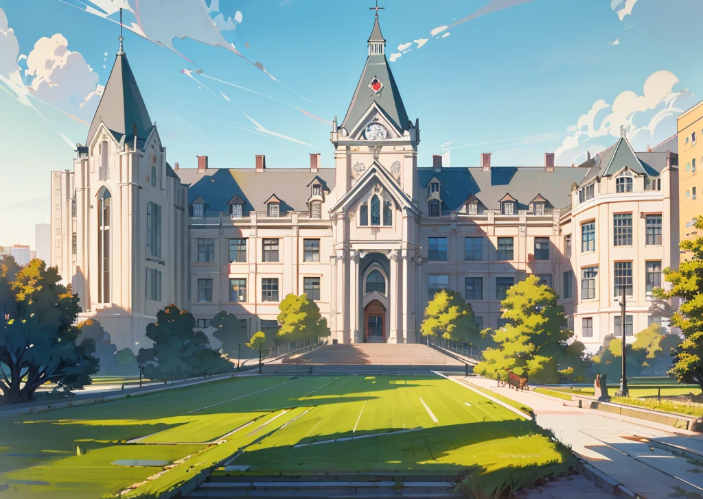 Vision,panoramic,(masterpiece, best quality), Modern design , photography, Nostalgia, Ultra Detailed, morning, Stunning scenery, Urban,Harvard ,deer, . Nostalgia之情 ,University campus ,Suitable resolution