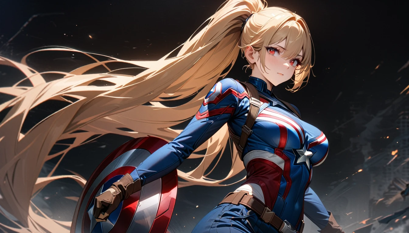Young Woman, Long golden hair, High Ponytail, Red eyes, captain America, masterpiece, Highest quality, Full HD, 8k, Super detailed, Great graphics、Beautiful breasts、、(Black background;1.5)、Cowboy Shot