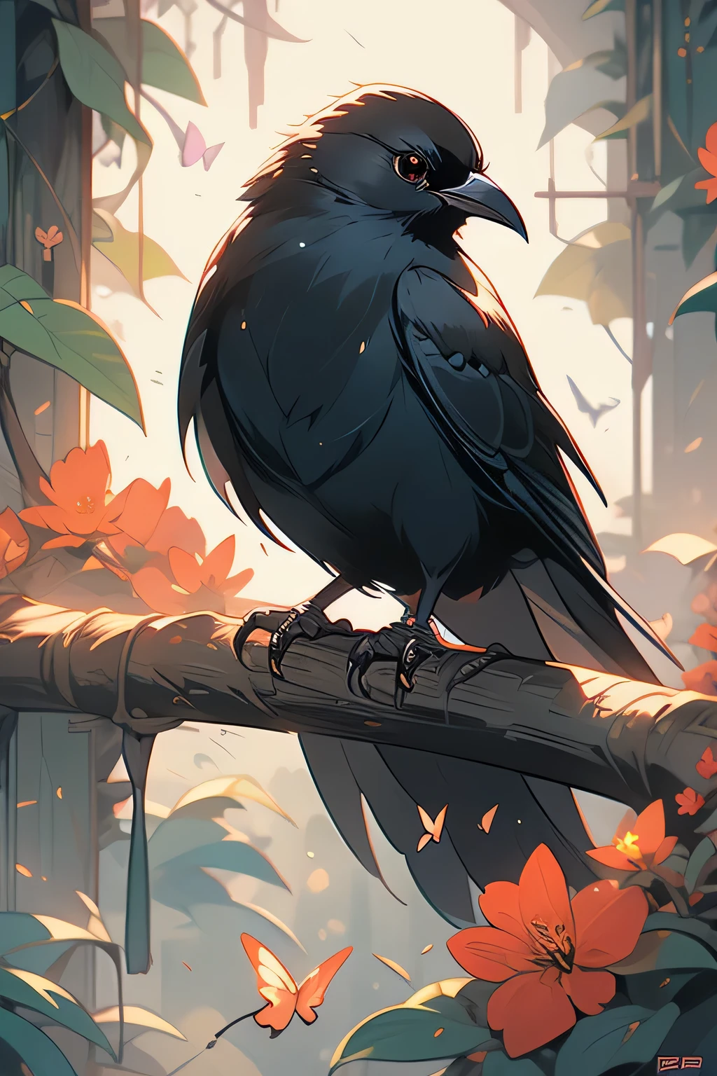 a black bird sitting on a branch with flowers and butterflies, cyberpunk art by Ryan Yee, trending on cgsociety, fantasy art, birds f cgsociety, 🌺 cgsociety, art contest winner on behance, crows beautiful, detailed crow illustration, jen bartel, beautiful illustration, trending on cgsociety art, cgsociety saturated colors, [ trending on cgsociety ]!!