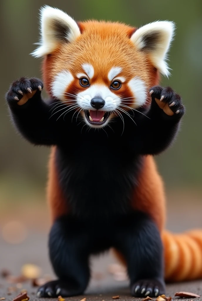 his adorable and determined personified red panda persona, He is watching the viewer、Standing Up、With hands up、Elbows are extended、Spreading palms、The lesser panda is striking a threatening pose., Walking on solid ground. . The red panda's fur is fluffy and well-groomed., Add an engaging element to your intense training sessions. 8k resolution,