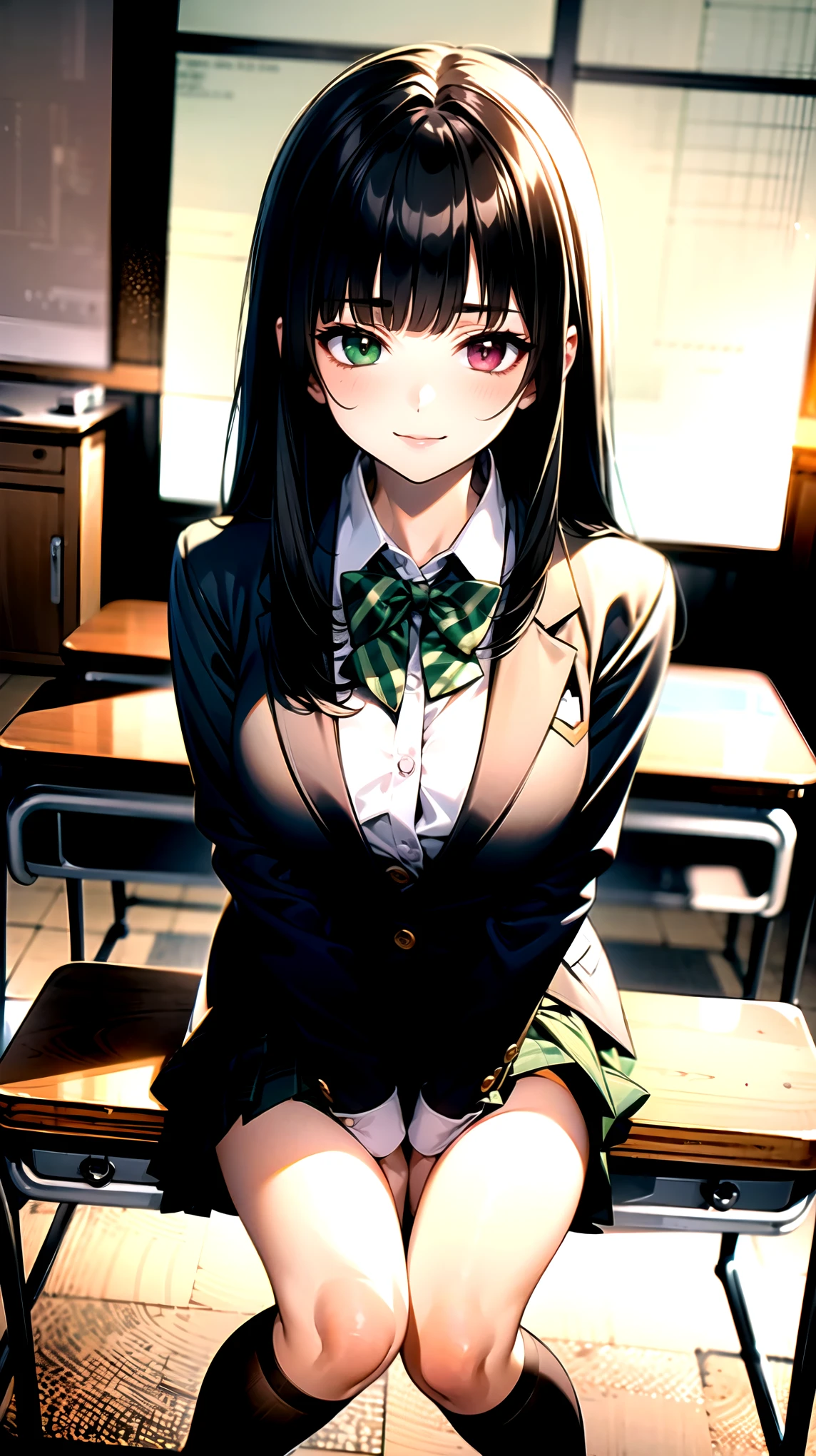 ((super high quality,Ultra-high resolution,4K,8k,super masterpiece,Ultra HD ,Detailed shading)),A low-angle shot,Full body photo,Dimly lit classroom,1 high school girl,dark green blazer,White dress shirt unbuttoned to the second button,Yellow and black striped bowtie,Brown plaid mini skirt,Black tights,Extremely long, straight, black hair,Side-swept bangs,Heterochromia of orange and green,Sharp gaze with raised eyebrows,smile,Sit at a desk,