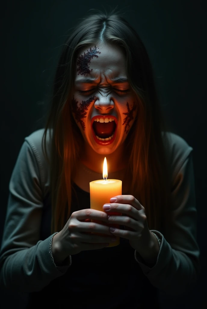 girl's soul screaming in pain, mouth wide open, black color, holding candle, face and hands, front view, terrifying, large cuts and bruses on face