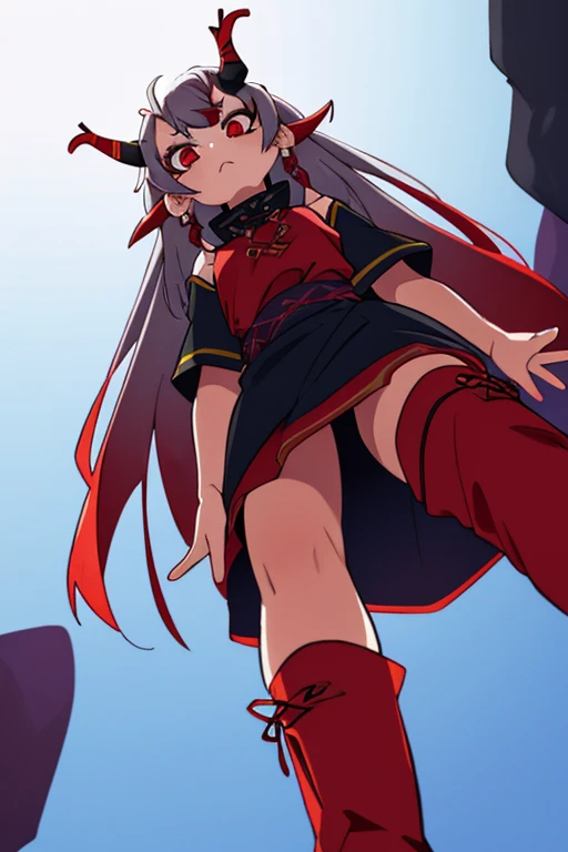 8k, Highest quality, (from below:2), View your viewers, Intricate details,One person, Nakiri Ayame, Demon Horns, Multicolored Hair, Long Hair, Red eyes, Gray Hair,
