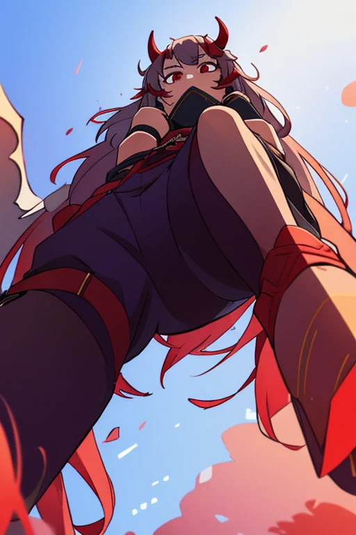 8k, Highest quality, (from below:2), View your viewers, Intricate details,One person, Nakiri Ayame, Demon Horns, Multicolored Hair, Long Hair, Red eyes, Gray Hair,