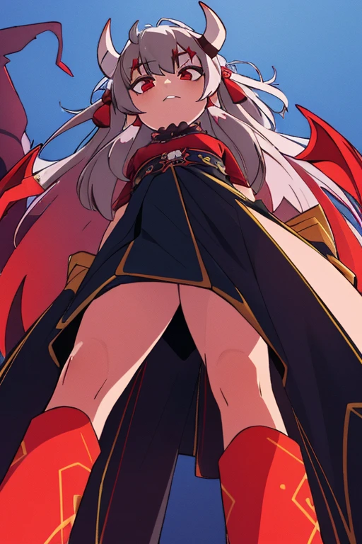 8k, Highest quality, (from below:2), View your viewers, Intricate details,One person, Nakiri Ayame, Demon Horns, Multicolored Hair, Long Hair, Red eyes, Gray Hair,