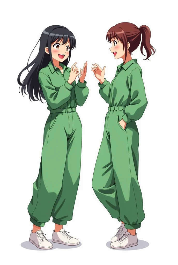 Two women in green long-sleeved casual jumpsuits, talking happily.
Anime style, please.
White background.