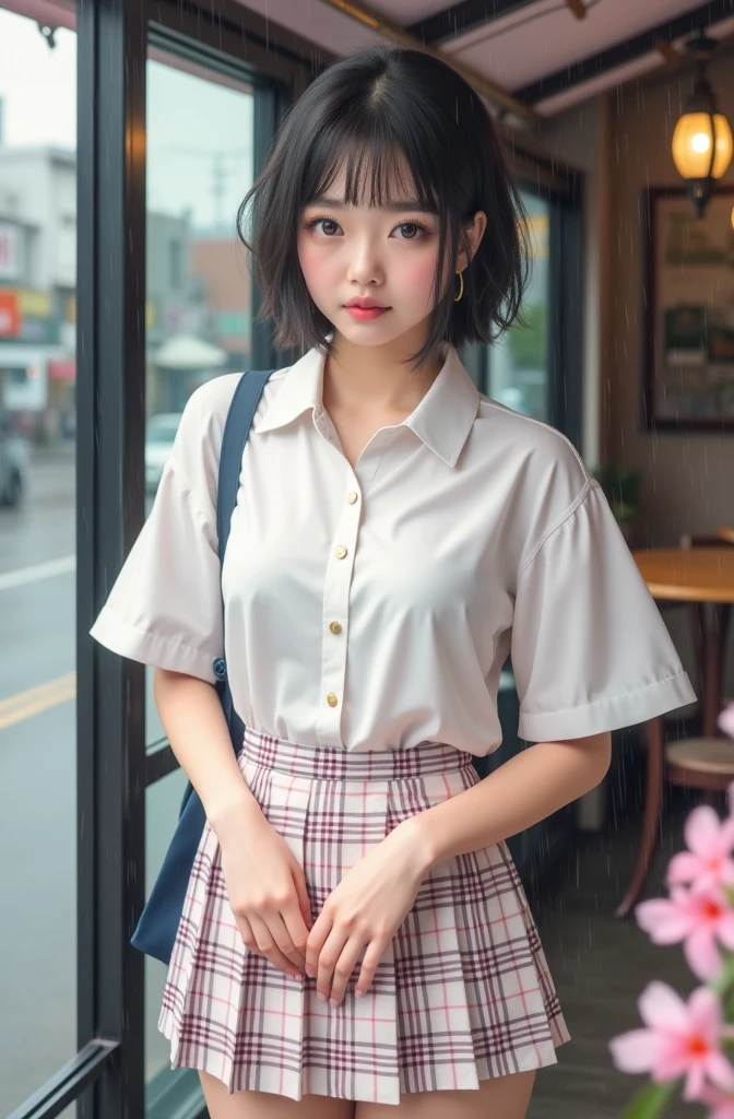(8k, Photorealistic, Raw photo, Highest quality: 1.4),Japanese idol-style beautiful girl,1 person,(Short Bob),(Black),She has her hair tucked behind her ears,Raindrops dripping from hair,Clear grey eyes,Eyes moist,Long eyelashes,(piercings(small)),(Lip gloss),lips(Plump,glossy),Skin that is as white and smooth as translucent porcelain,Thin and delicate shoulders,thin abdomen,(blouse(White,Short sleeve)),(bra(Pink)),(Pleated skirt(Plaid)),(socks(Dark blue)),(loafers),summer,On the way home from school,Sudden rain,(Soaked from head to toe),(Shirt wet and clinging to skin, translucent),(She looks out at the rainy street),(Taking shelter under the awning of a cafe),(A cafe window as a backdrop),(Front view from across the street from her),(Medium-range shooting),(Full body snapshot)