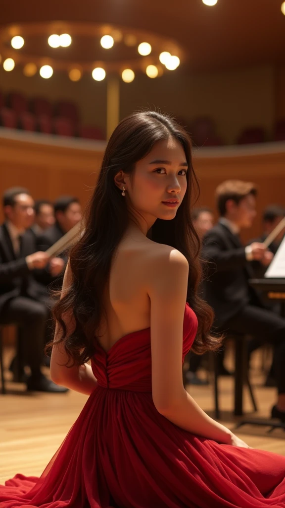 a beautiful young thai student sitting on the stage of a concert, detailed face, long hair, elegant dress, concert hall background, warm lighting, photorealistic, 8k, high quality, masterpiece