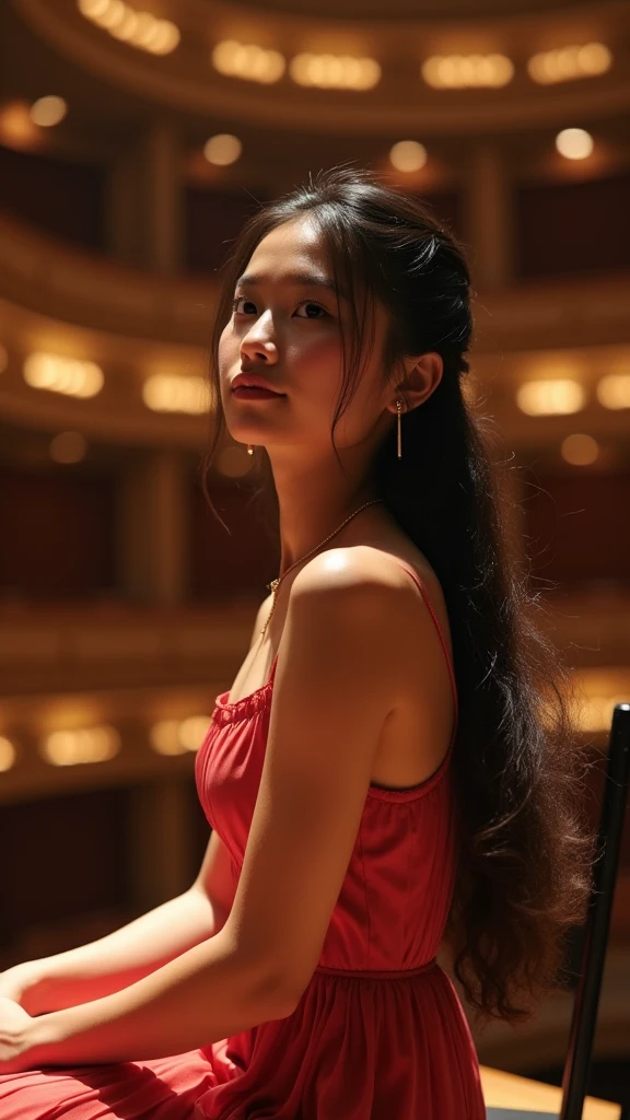 a beautiful young thai student sitting on the stage of a concert, detailed face, long hair, elegant dress, concert hall background, warm lighting, photorealistic, 8k, high quality, masterpiece