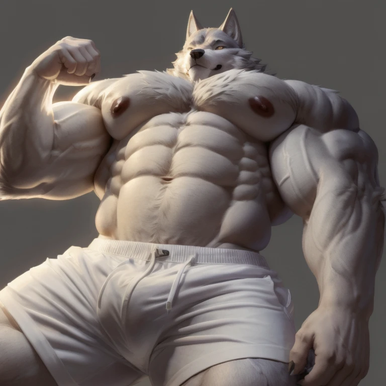 furry growth, upshot pecs, hyper growth, hyper muscles, wolf, shirtless, white shorts, muscular, on a gray background