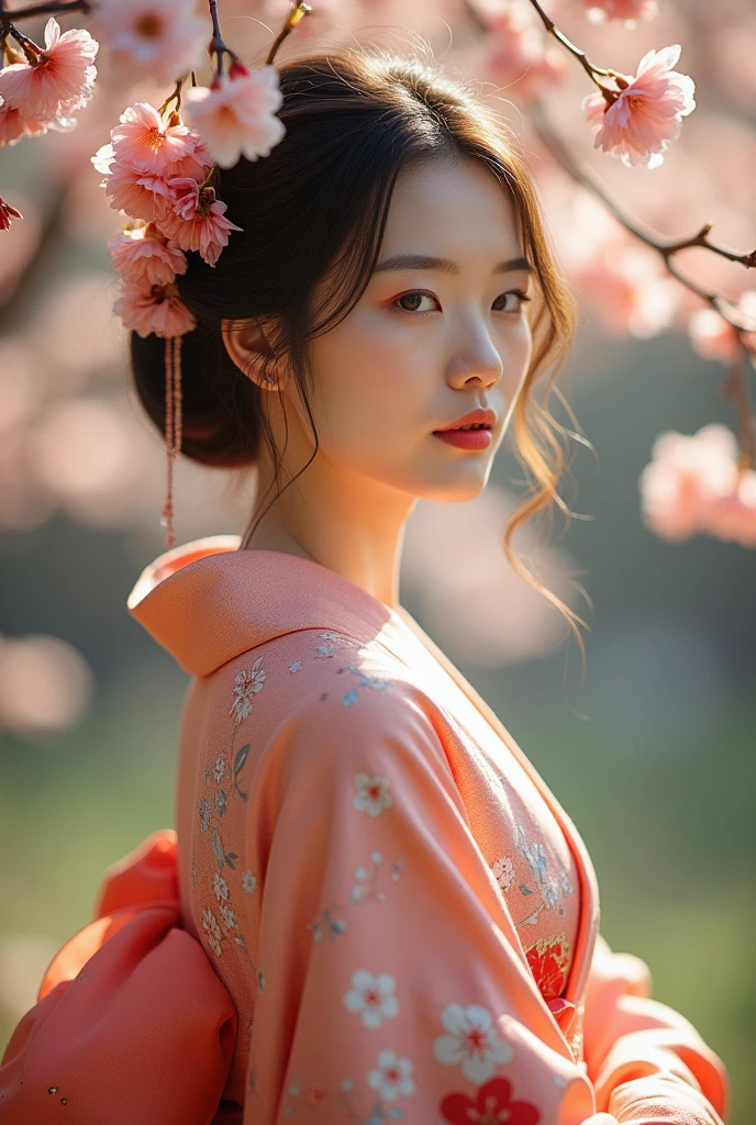 An elegantly dressed Japanese woman in natural light、A close-up of her chest and calm expression.、It shows her inner peace and outer charm.。