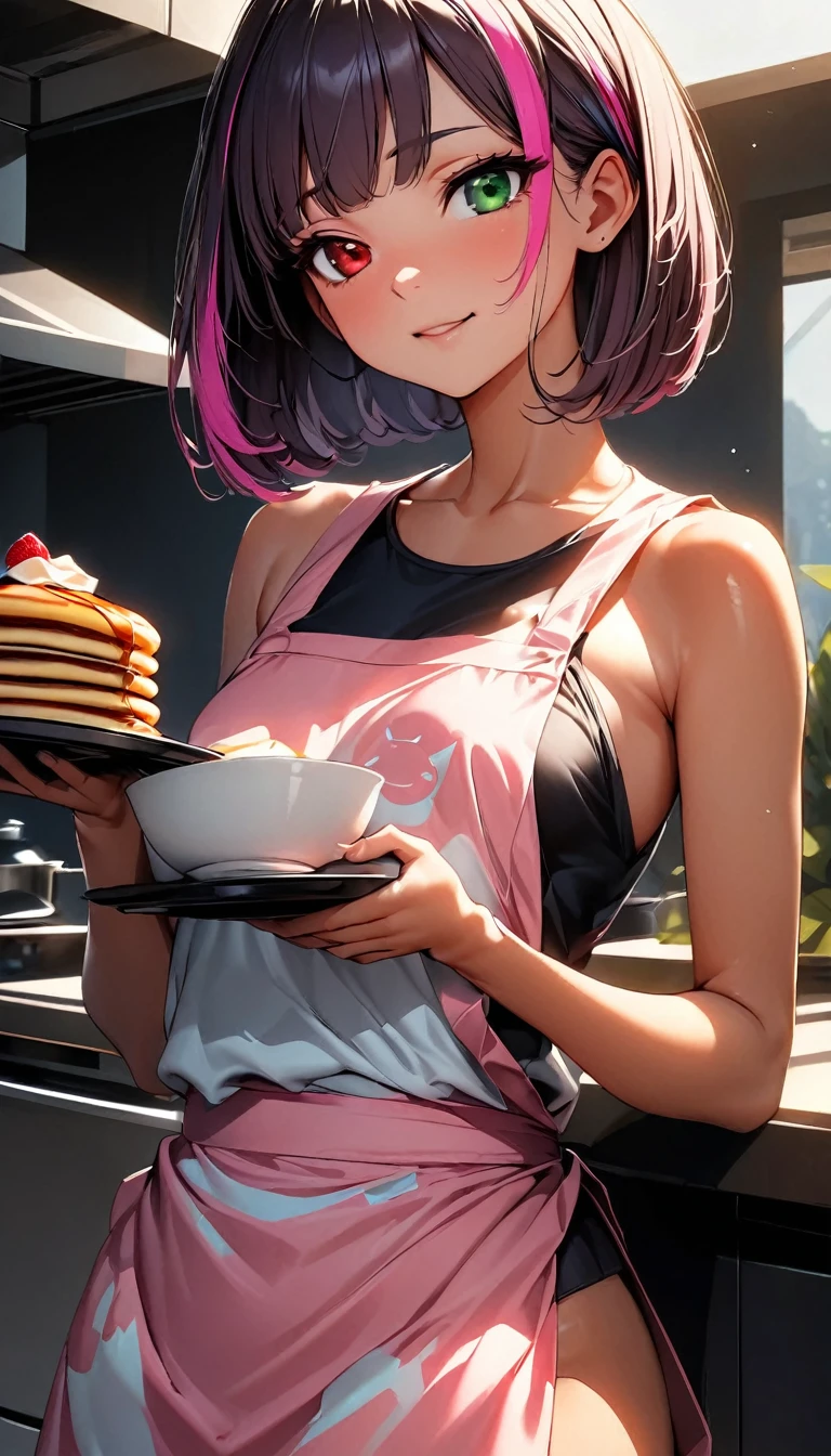 (highest quality:1.2, Very detailed, up to date, Vibrant, Ultra-high resolution, High Contrast, masterpiece:1.2, highest quality, Best aesthetics), Portraiture、girl、20-years-old, slim, , heterrochromia, green eye, red eye, stage、Bright colors、Beautiful fine details、Beautiful lip detail、extra short hair, ((bob cut:1.5))、pink and purple ((streaked hair:1.9)), (highlights hair: 1.6), ((small breast:1.3), (tan skin:0.7), cooking、((making pancakes:1.5)), (bright kitchen:1.5), big window background, (pink apron, cat mark print)、tank top, happy:1, ((cowboy shot:1))