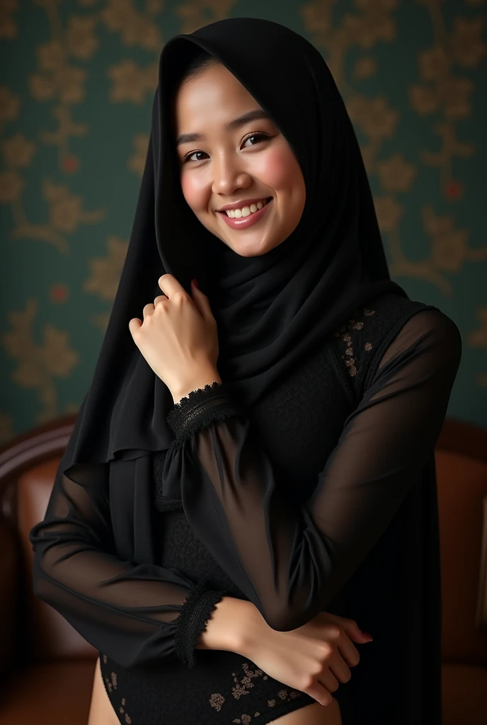 In this photograph, an Indonesian Instagram female model in her mid-20s takes center stage. , (highly detailed face:1.4) (smile:0.7) (backround 5 star hotel , moody, private study:1.OV, by lee jeffries, nikon d850, film stock photograph ,4 kodak portra 400 ,camera f1.6 lens ,rich colors ,hyper realistic ,lifelike texture, dramatic lighting , cinestill 800, realistic, wearing Black brocade lingerie, she wears a luxury brocade hijab, ((hijab)), actress, karla ortiz, posing!!, candid picture, by Max Dauthendey,Completing the aesthetic, the model show her breast. ((big breast:1.3)), yo can see the nipple visible,The photograph is meticulously captured in 8K resolution using cutting-edge techniques such as Cinema 4D and Octane Render, resulting in a highly detailed and photorealistic image. Studio lighting, HDR, and a smoky mist create a captivating ambiance, while the bokeh effect adds an artistic touch, put details on fingers