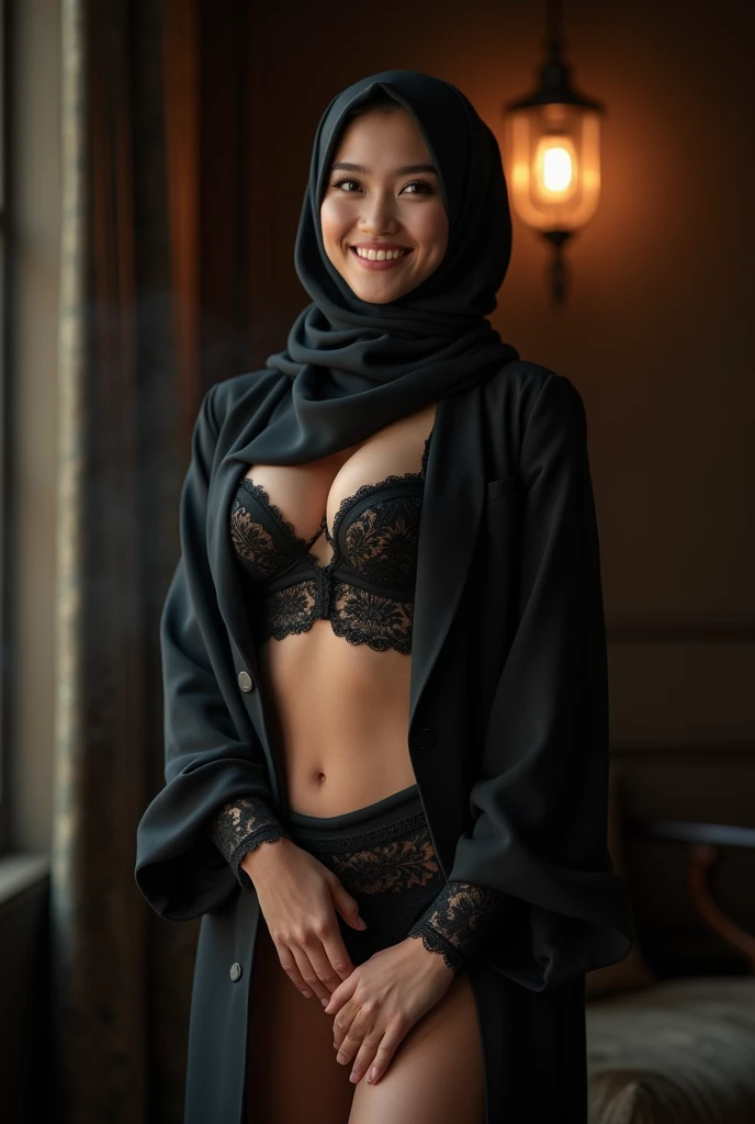 In this photograph, an Indonesian Instagram female model in her mid-20s takes center stage. , (highly detailed face:1.4) (smile:0.7) (backround 5 star hotel , moody, private study:1.OV, by lee jeffries, nikon d850, film stock photograph ,4 kodak portra 400 ,camera f1.6 lens ,rich colors ,hyper realistic ,lifelike texture, dramatic lighting , cinestill 800, realistic, wearing Black brocade lingerie, she wears a luxury brocade hijab, ((hijab)), actress, karla ortiz, posing!!, candid picture, by Max Dauthendey,Completing the aesthetic, the model show her breast. ((big breast:1.3)), yo can see the nipple visible,The photograph is meticulously captured in 8K resolution using cutting-edge techniques such as Cinema 4D and Octane Render, resulting in a highly detailed and photorealistic image. Studio lighting, HDR, and a smoky mist create a captivating ambiance, while the bokeh effect adds an artistic touch, put details on fingers